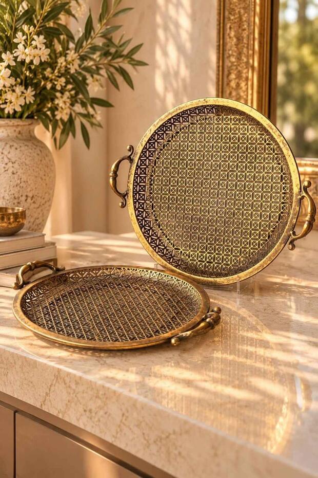 Antique Filigree Gold Tray Set of 2