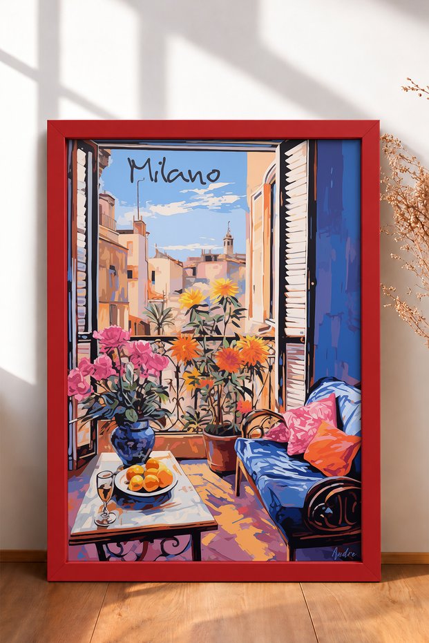 Milan Balcony, Floral Seating Area, Framed Painting, Italy Poster, Wall Decor, Itp184.