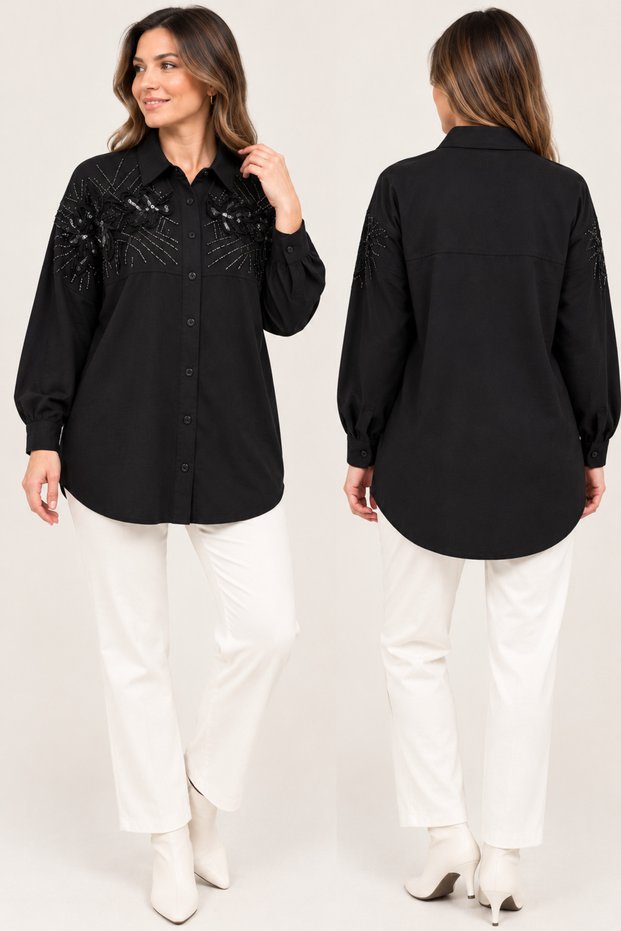 Women's Embroidered Oversized Shirt Tunic, Long Sleeves, Button-Down, Stylish Design.