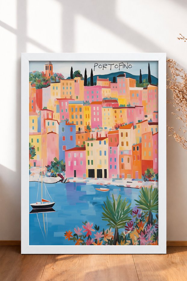 Portofino Harbor and Tropical Plants Framed Poster, Italy Poster, Living Room, Kitchen, Wall Decor, Itp191.
