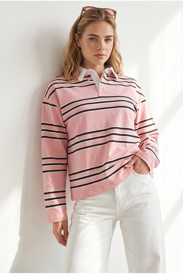 Women's Salmon Polo Collar Striped Sweatshirt Swt-19000826