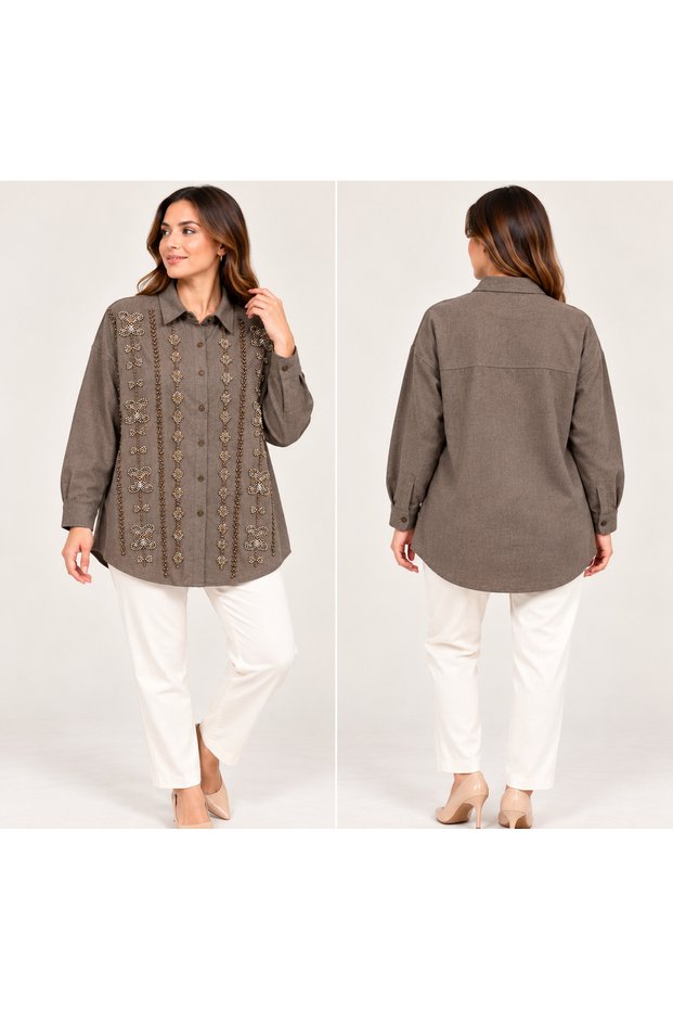 Women's Embroidered Oversized Shirt Tunic with Beaded Details, Long Sleeves, and Buttoned Closure.