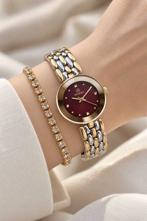 Original Women's Watch - 3 Atm Water Resistant - Gold, Silver, and Burgundy Steel Strap - Japanese Movement - 2-Year Warranty - Stylish Gift Boxed Wristwatch Hmby2086C2