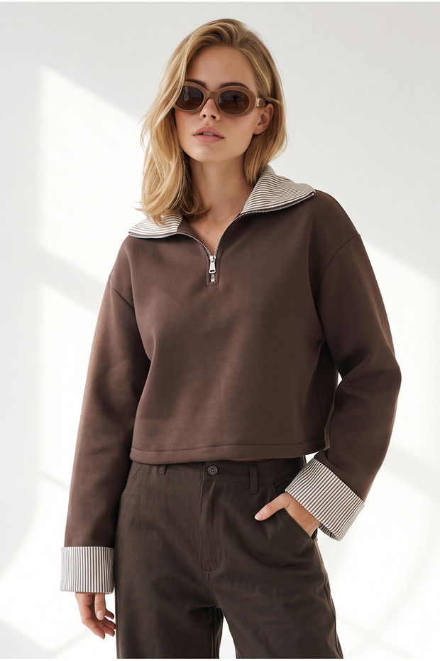 Women's Brown Polo Neck Crop Sweatshirt with Striped Detailing and Embellishments Swt-19000825