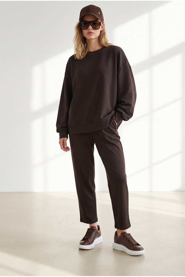 Women's Brown Basic Loose-Fit Top and Bottom Set Tkm-19000528