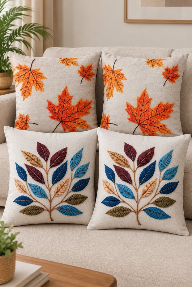 Custom-Designed 4-Piece Cushion Cover Set with a Leaf Pattern, Featuring a Digitally Printed Design on One Side, for Decorative Purposes.