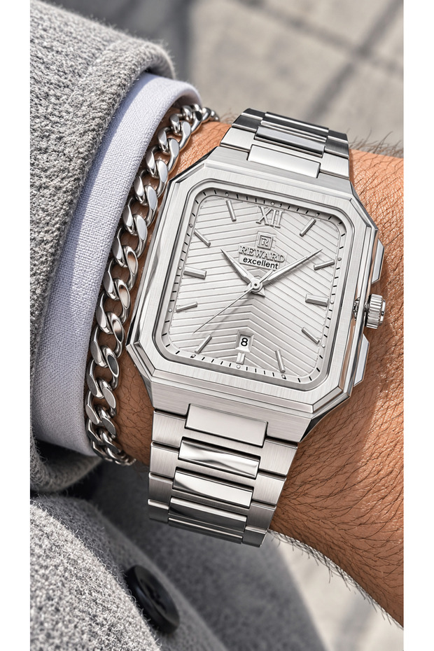 Square Model Classic Men's Watch with Calendar, Silver Steel Strap, White Dial, in a Stylish Box + Chain Bracelet.
