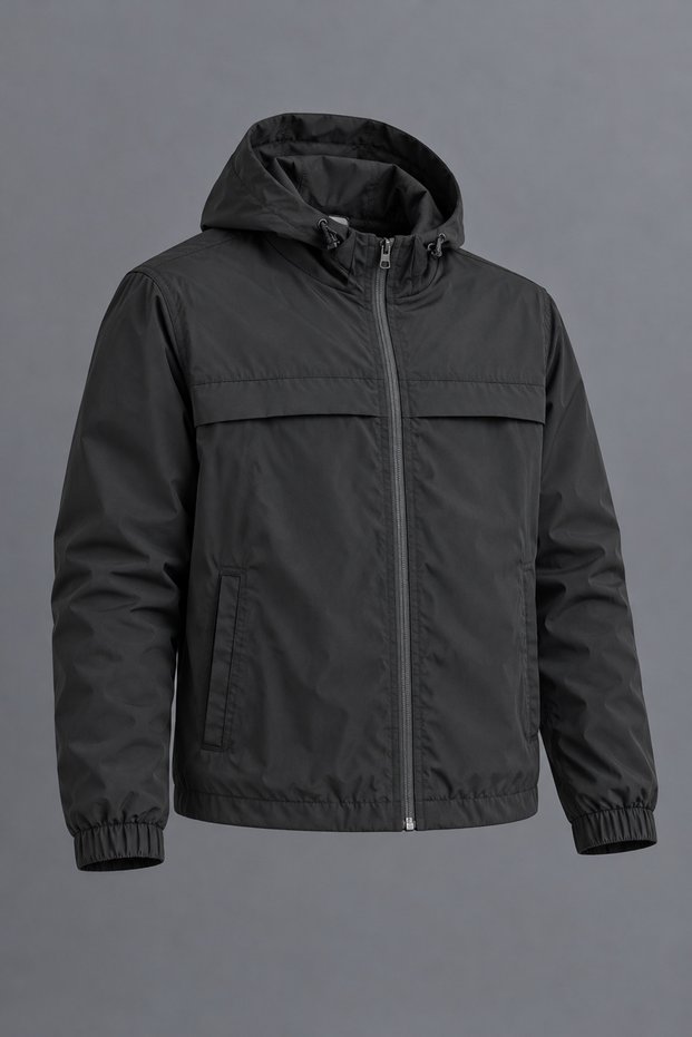 Men's Spring Black Raincoat with Stand-Up Collar, Hood, and Zipper.