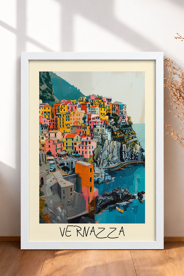 Vernazza Village and Turquoise Sea Framed Painting, Italy Poster, Living Room, Kitchen, Wall Decor, Itp205.