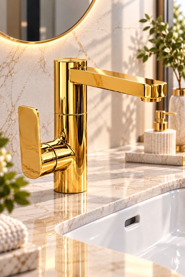Gold Silva 360-Degree Swivel Spout Faucet, Gold-Colored Luxury Bathroom Faucet.