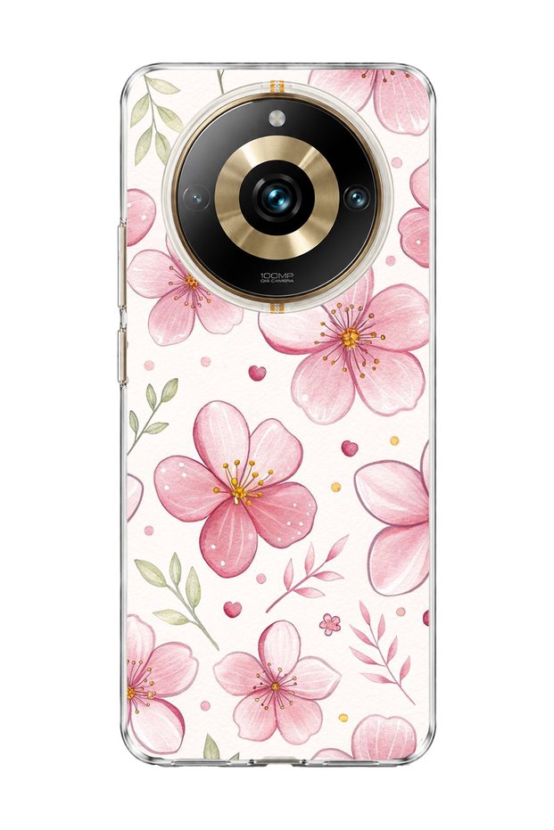 Pink Cherry Blossom Printed Transparent Phone Case Compatible with Realme 11 Pro.