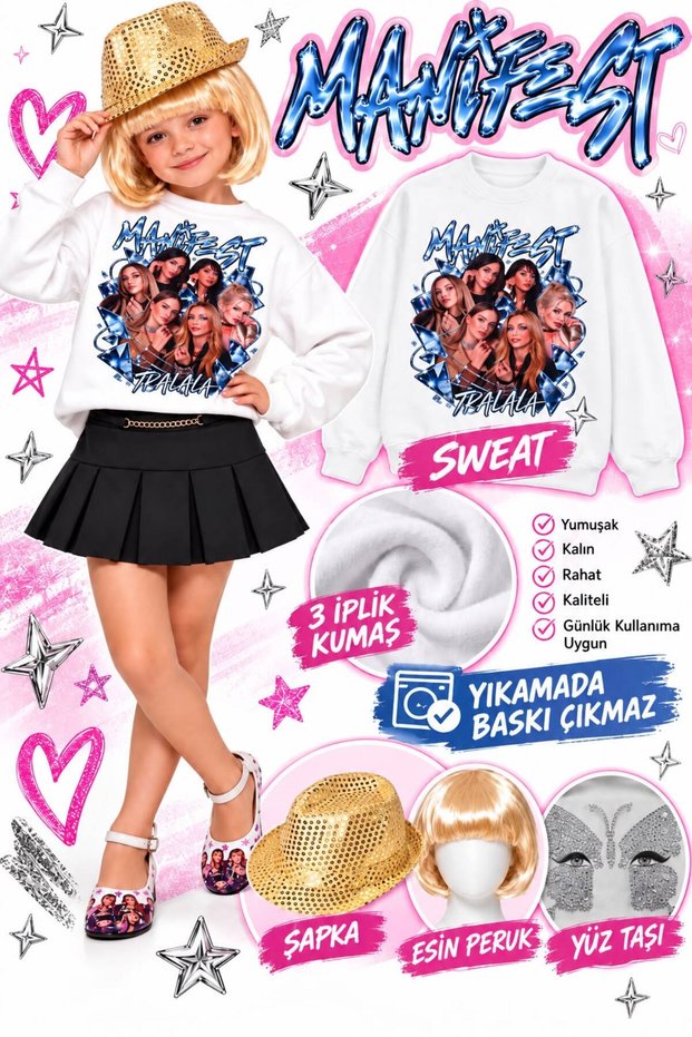 Girl's Sweatshirt with Manifest Print, 3-Ply Fabric + Manifest-Inspired Yellow Wig + Sequined Hat + Face Mask (the Print Is Washable and Can Withstand Drying).