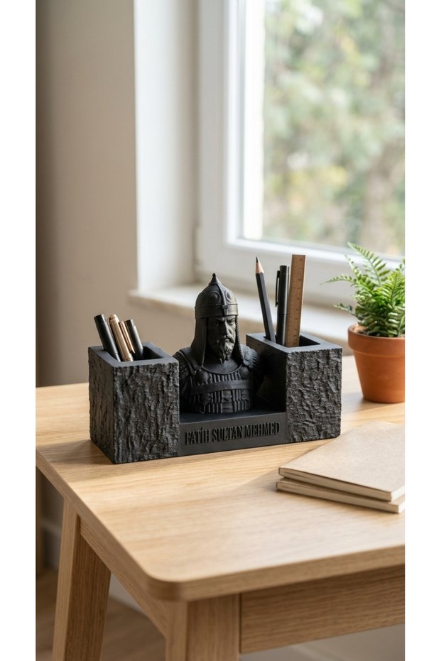Fatih Sultan Mehmed Bust Desk Organizer with Dual Compartments, Made of Pla Bio-Plastic, for Desk Organization and as a Prestigious Office Gift.