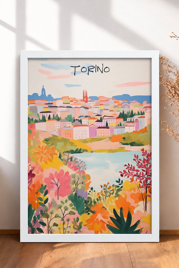 Torino Silhouette and Floral Waterfront Framed Painting, Italy Poster, Living Room, Kitchen, Wall Decor, Itp200.