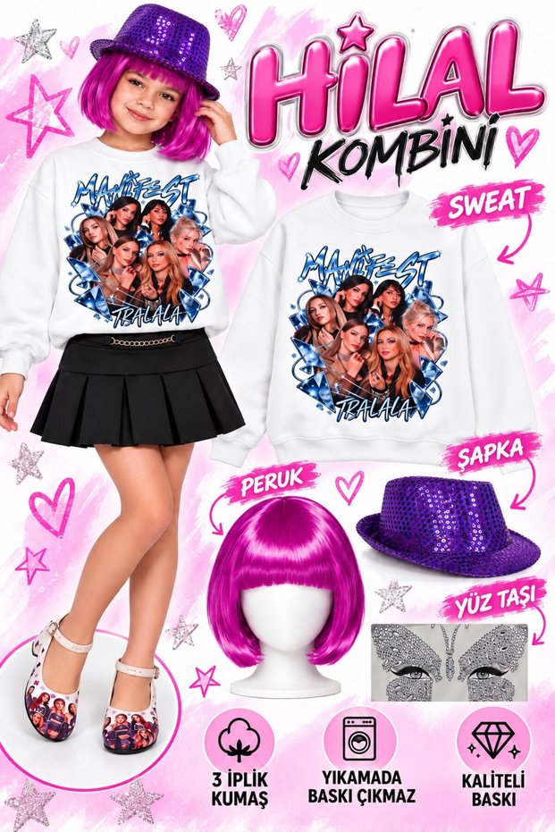 Girl's Sweatshirt with Manifest Print, 3-Ply Fabric + Manifest Crescent-Shaped Purple Wig + Sequined Hat + Face Mask (the Print Is Washable and Can Withstand Drying).