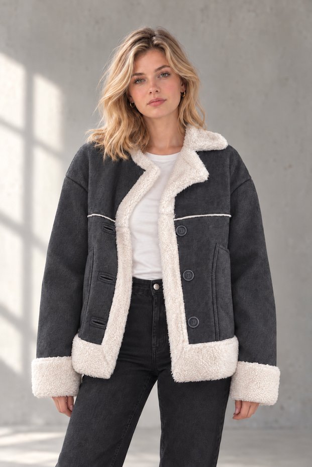 Women's Anthracite Denim Coat with Fur-Lined Design