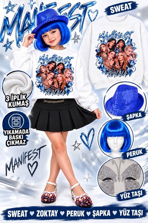 Girl's Sweatshirt with a Manifest Print, Made with 3-Ply Yarn + Manifest Blue Cocktail Wig + Sequined Hat + Face Mask (the Print Is Washable and Can Withstand Drying).