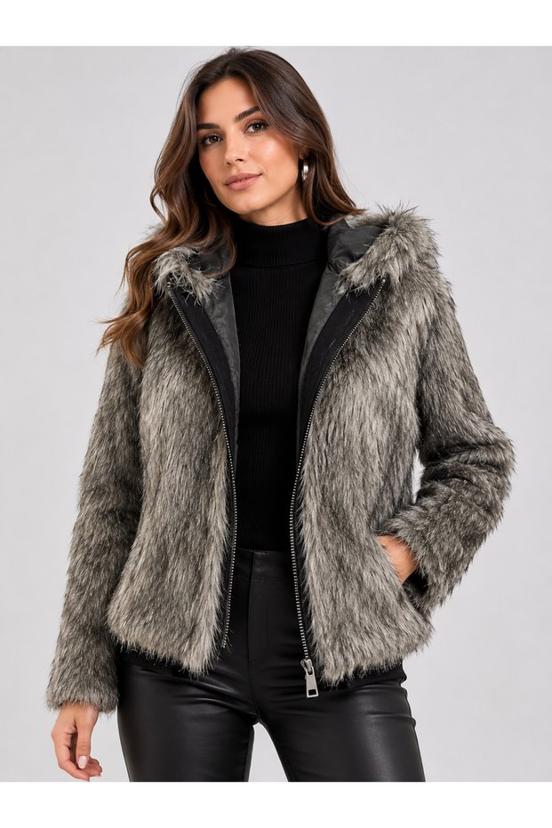 High-Quality Gray-Mottled Faux Fur Hooded Jacket