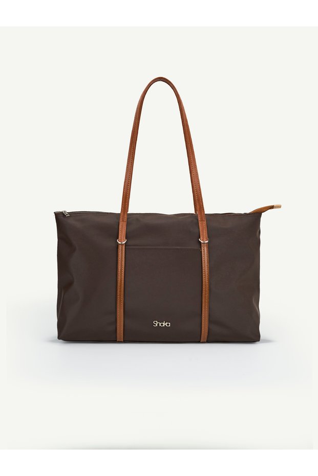 Brown-Tan Shk357 Large Capacity, with Strap, Zippered, Everyday Shopper Shoulder Bag.