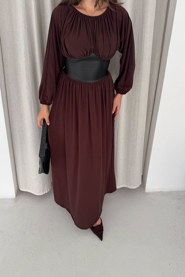 Women's Brown Leather Corset-Ruched Detail Full-Length Sandy Dress NBK5047