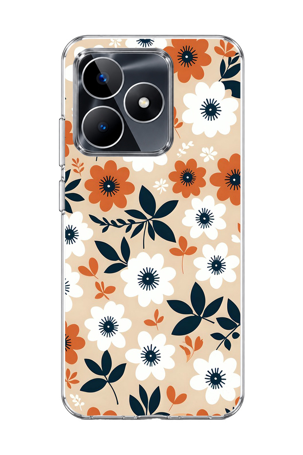 Orange and White Floral Print Transparent Phone Case Compatible with Realme C53.
