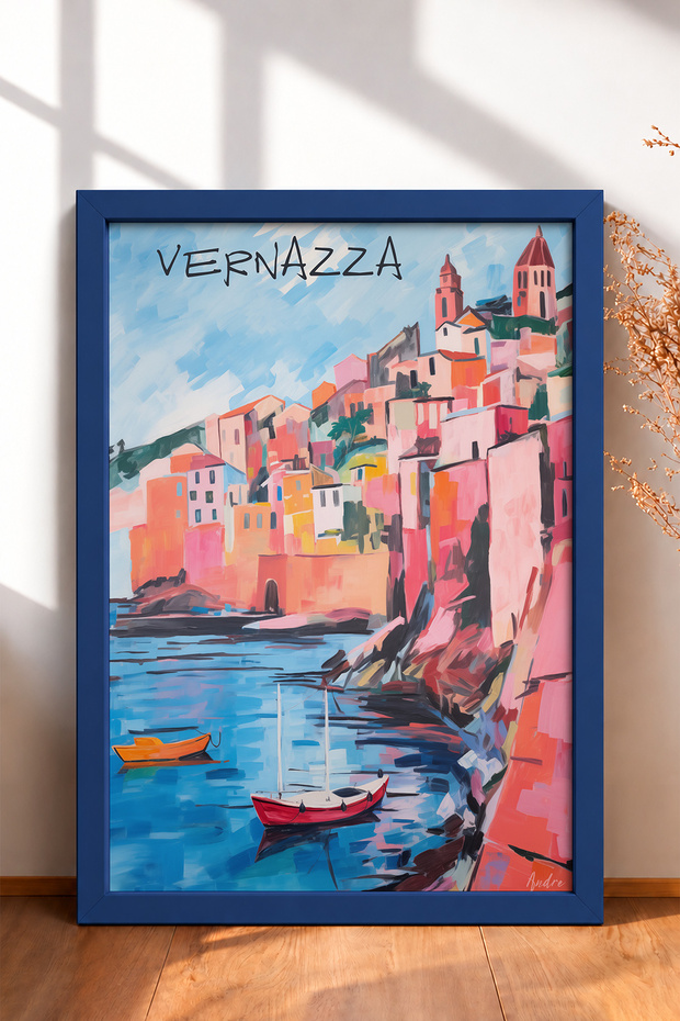 Vernazza in the Bay, Red Sailboat Framed Painting, Italy Poster, Living Room, Kitchen, Wall Decor, Itp206.