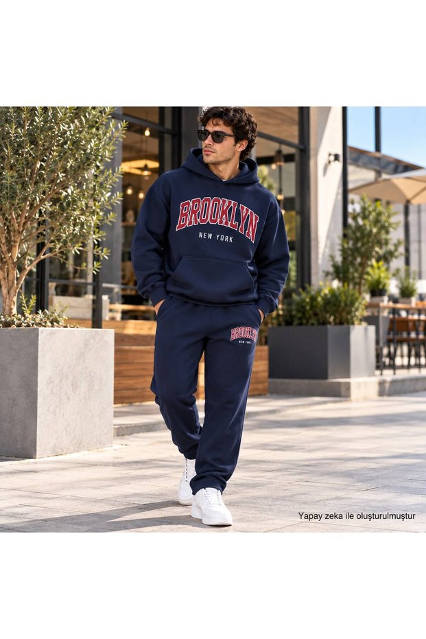 Men's Bitter Coffee College Style Brooklyn Typography Printed Sweatshirt Set - Relaxed Fit, 2-Piece Set.
