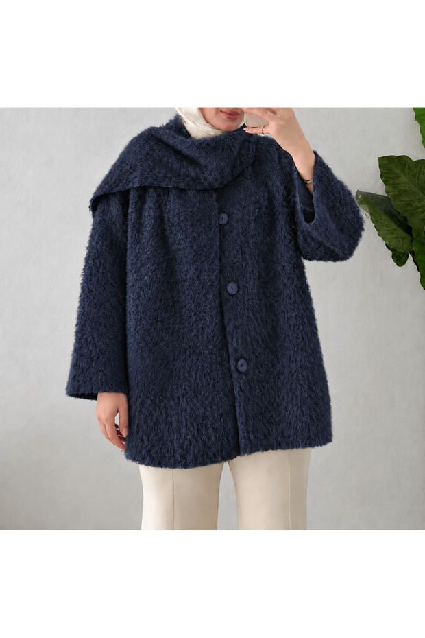 Buttoned, Faux Fur Jacket with Scarf - 4542 - Navy Blue (Ös)