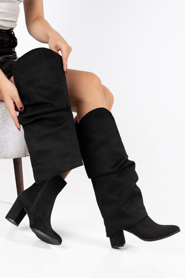 Black Suede Ruched Gusseted Boots with a Pointed Toe and Comfortable Heel.