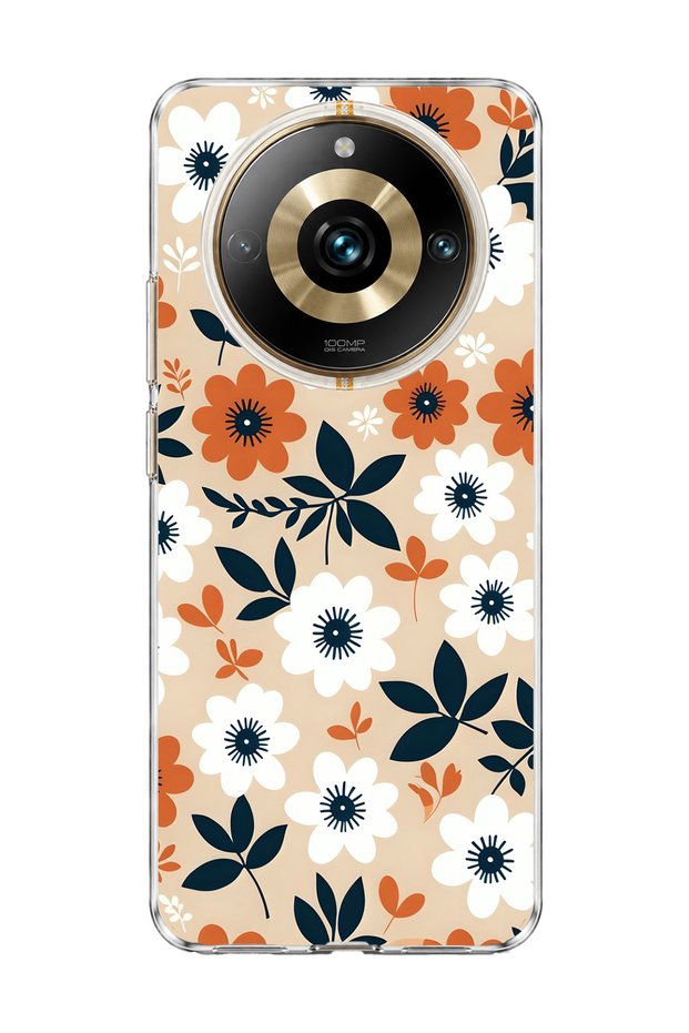 Orange and White Floral Print Transparent Phone Case Compatible with Realme 11 Pro.