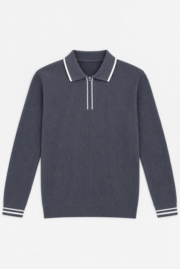 Men's Zippered Contrast Detail Sweater, Grey, Eca099.