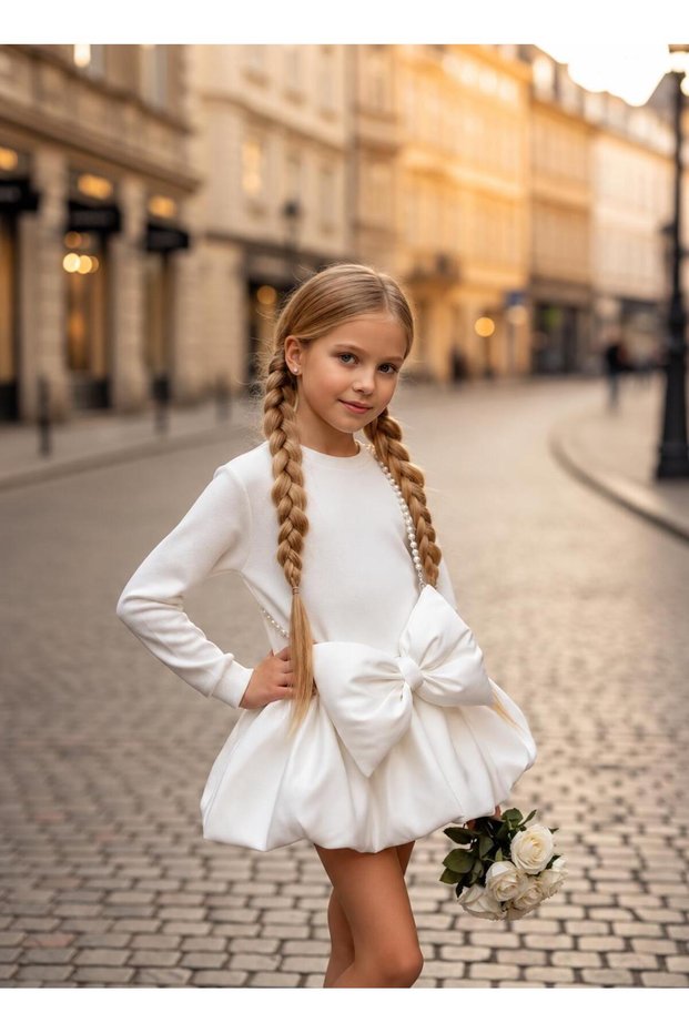 Stylish Dress with Balloon Skirt and Large Bow Detail for Girls (Bag Included) 2509-B