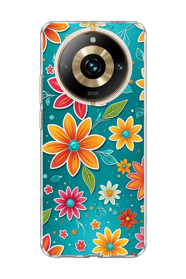 Colorful Floral Turquoise Printed Transparent Phone Case Compatible with Realme 11 Pro.
