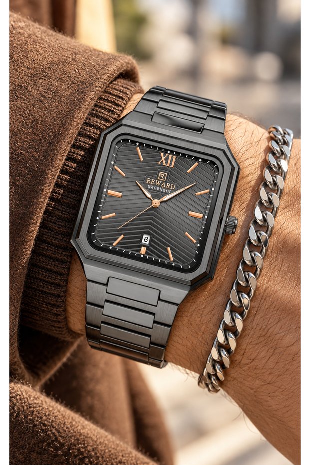 Classic Men's Wristwatch with Square Model and Calendar, Smoked Steel Strap, Smoked Dial, in a Stylish Box + Chain Bracelet.