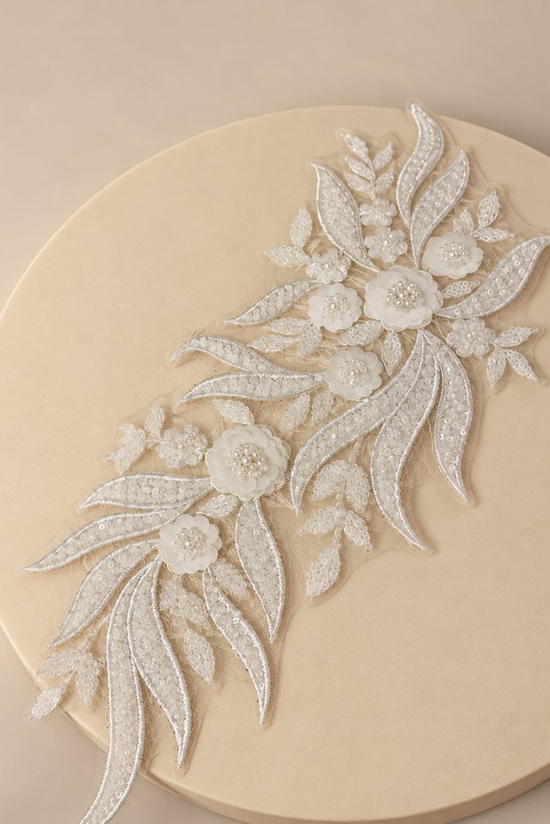 Beaded and Sequin Embellished Floral Leaf Motif Lace Applique