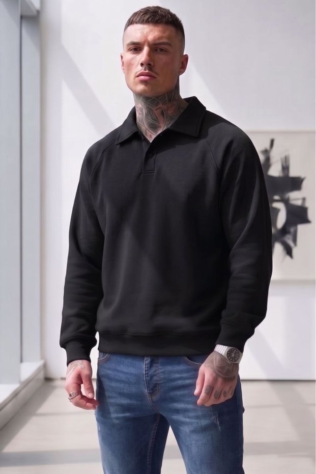 Men's Black Button-Detailed Jersey Sweatshirt