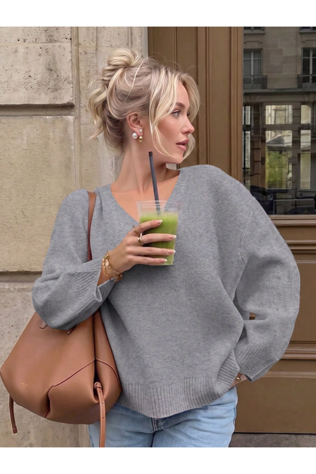 Women's Grey V-Neck Oversized Knit Sweater, Knit Sweater.
