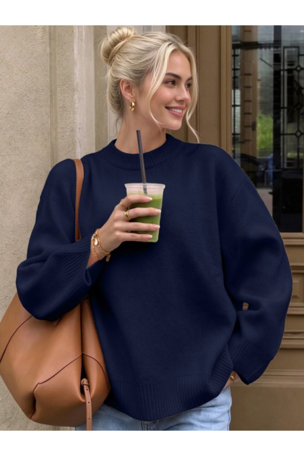Women's Crew Neck Soft Textured Oversized Knit Sweater Tuma1972