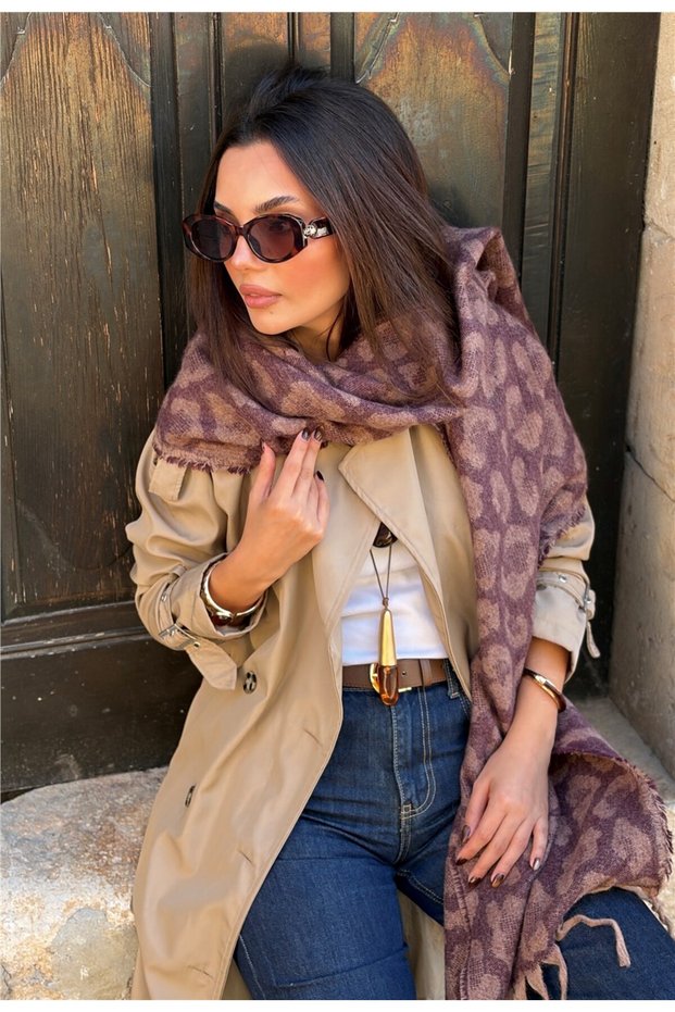 Leopard Print Burgundy Tassel Shawl