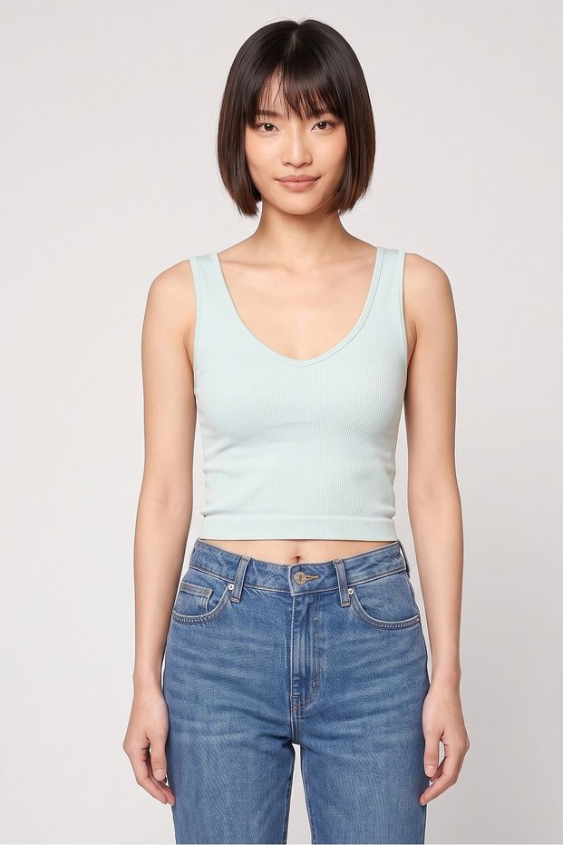 Women V-Neck Sleeveless Ribbed Crop Tank Top, Light Green