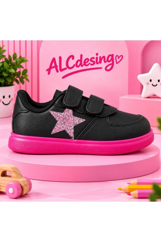 Girls' White Velcro Sports Shoes – Star-Printed Detail, Casual Sneakers.