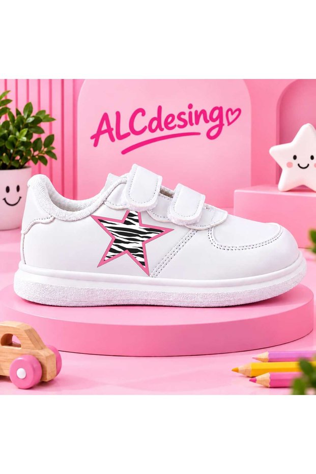 Girls' White Velcro Sports Shoes – Printed Detail Casual Sneakers