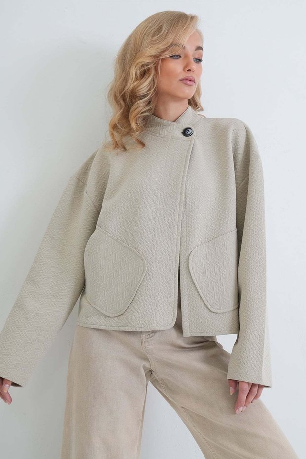 Women's Beige Stand-Up Collar Poncho Jacket with Pockets Alc-X14421