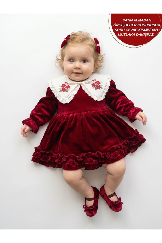 Cherry burgundy velvet detachable collar christmas special occasion holiday dress for baby girls