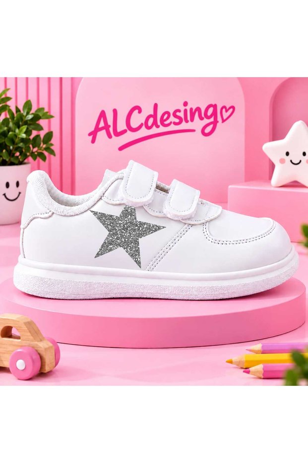 Girls' White Velcro Sports Shoes – Printed Detail Casual Sneakers