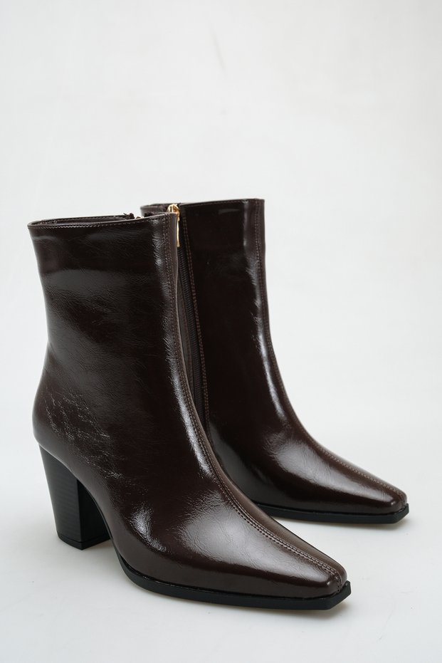 Women's Coffee Patent Leather Chunky Heel Pointed-Toe Zippered Boots