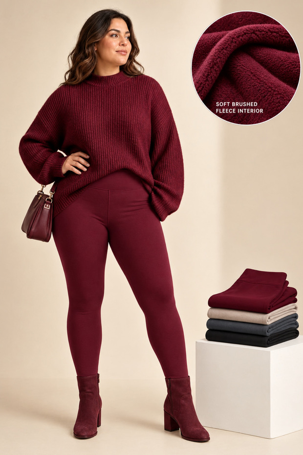 Women's Plus Size Fleece-Lined Thermal Leggings, Shaping High-Waisted Winter Leggings with a Brushed Lining.