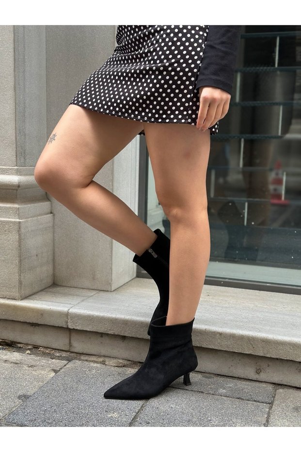 Black Suede (Angie) Zippered 5 cm Mini Heel Boots.
