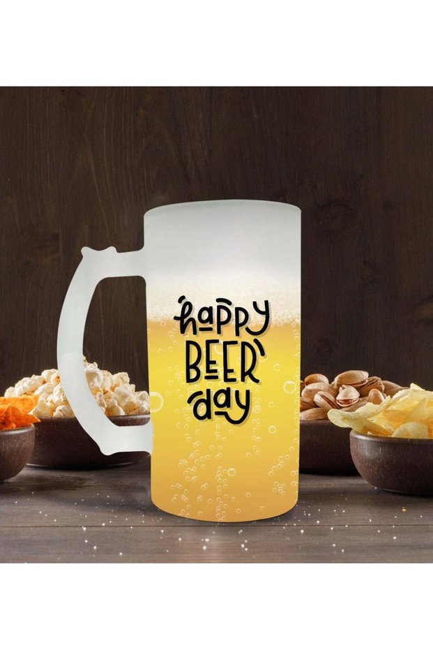 Happy Beer Day Designed Frosted Glass Beer Mug 50Cl-1