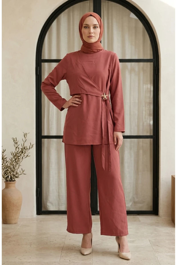 Star Detailed Tunic Pants Hijab Two-Piece Set 0358-09 Dark Rose Brown